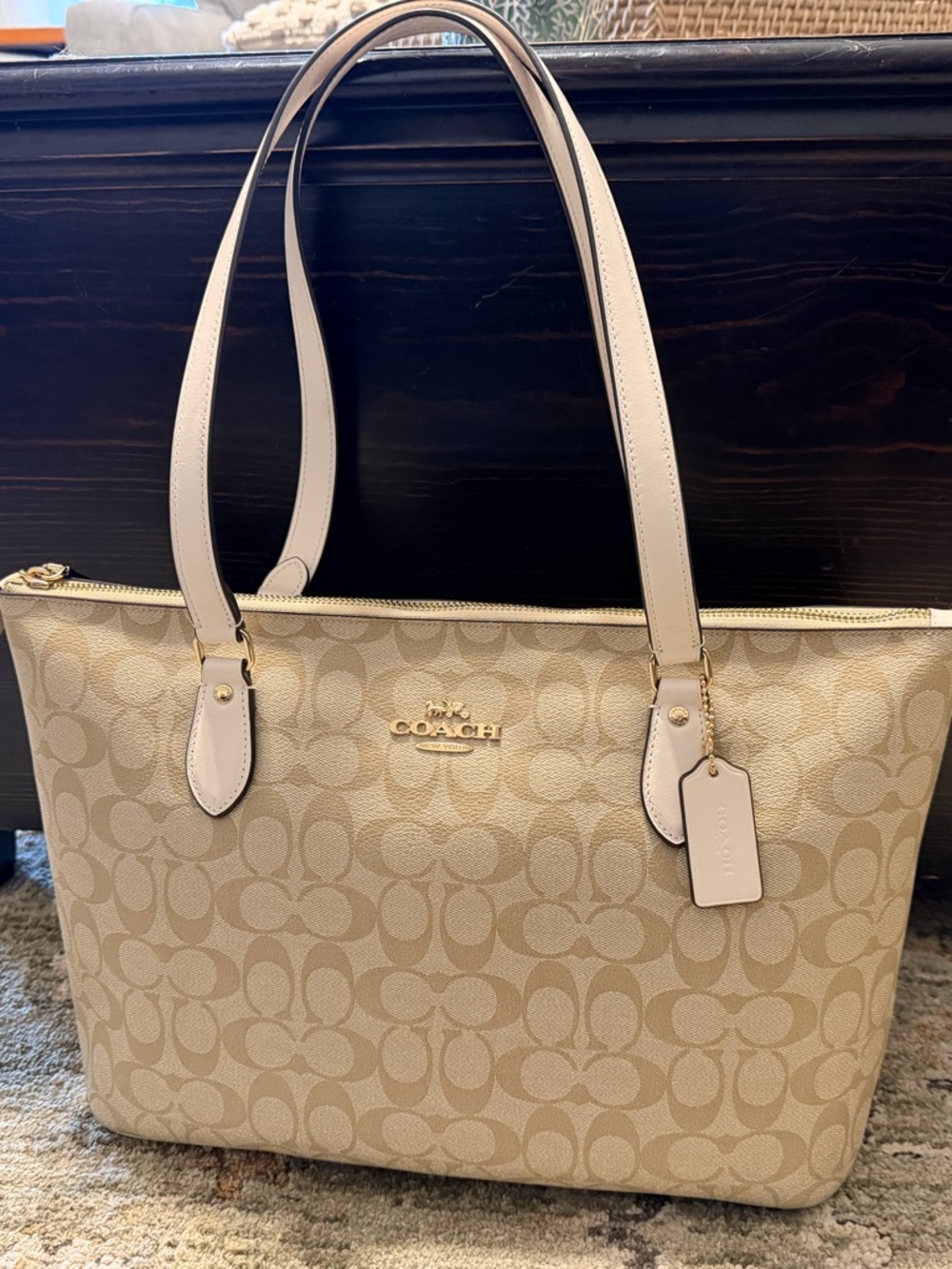 Coach Beige Signature Canvas Gallery Tote with Pale Leather Straps